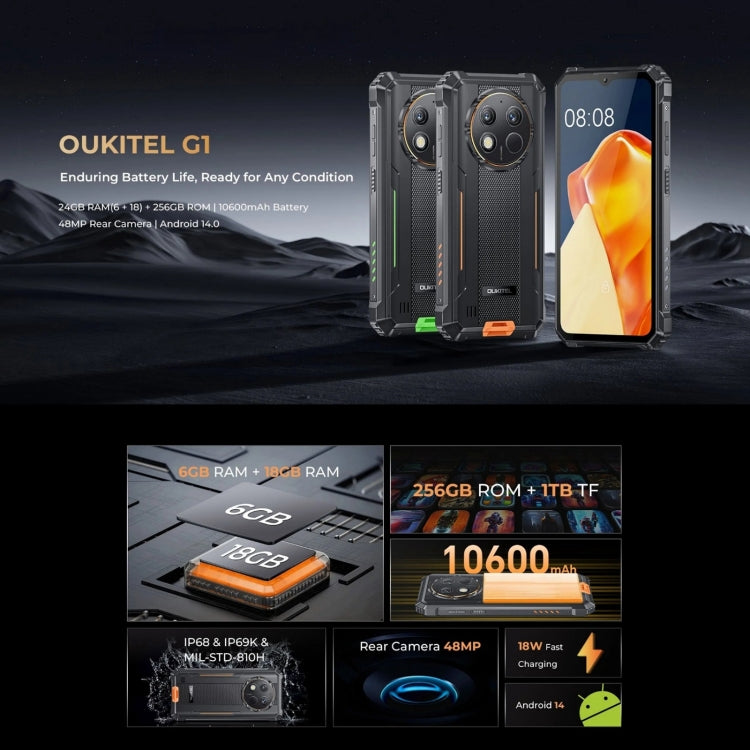 [HK Warehouse] Oukitel G1 Rugged Phone, 6GB+256GB, Fingerprint Identification, 6.52 inch Android 14 T606 Octa Core, NFC, OTG, Network: 4G (Green)