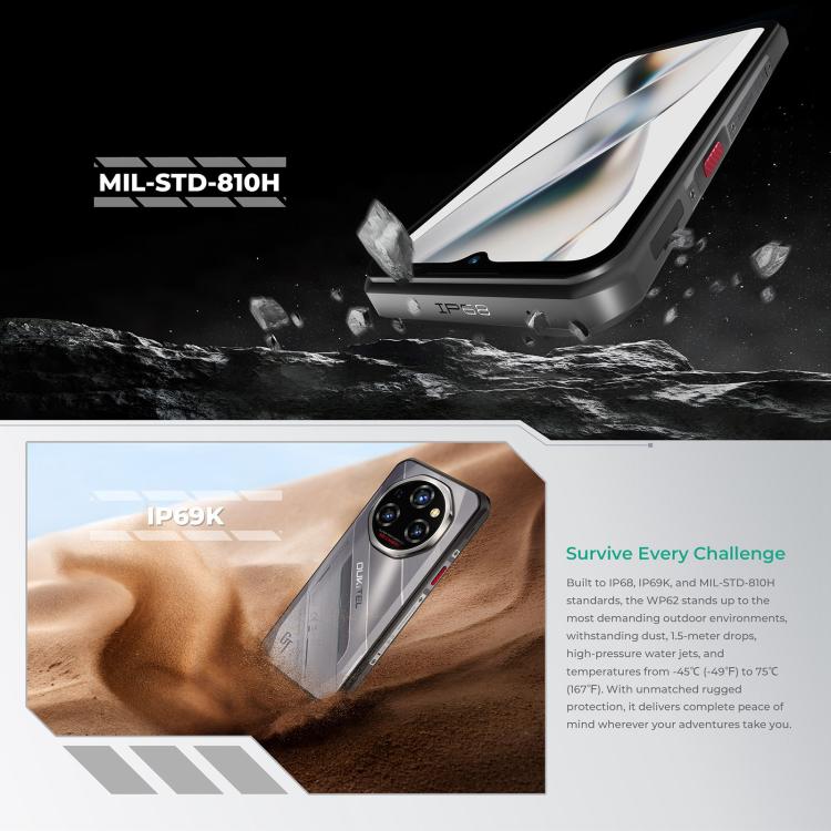 Oukitel WP62 Rugged Phone, 8GB+256GB, 108MP Camera, Fingerprint Identification, 6.6 inch Android 15 MediaTek Dimensity 7025 Octa Core, NFC, OTG, Network: 5G, 8GB+256GB