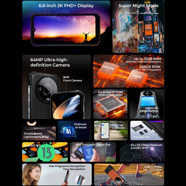 [HK Warehouse] HOTWAV T7 Pro Rugged Phone, 6GB+256GB, 6280mAh, 6.6 inch Android 13 MT8788 Octa Core, Network: 4G, OTG (Orange)
