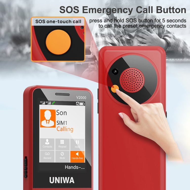 UNIWA V2000 Elder Keypad Phone, 2.4 inch Unisoc T107, 1700mAh Battery, LED Flashlight, SOS, Network: 4G, US Plug (Red)