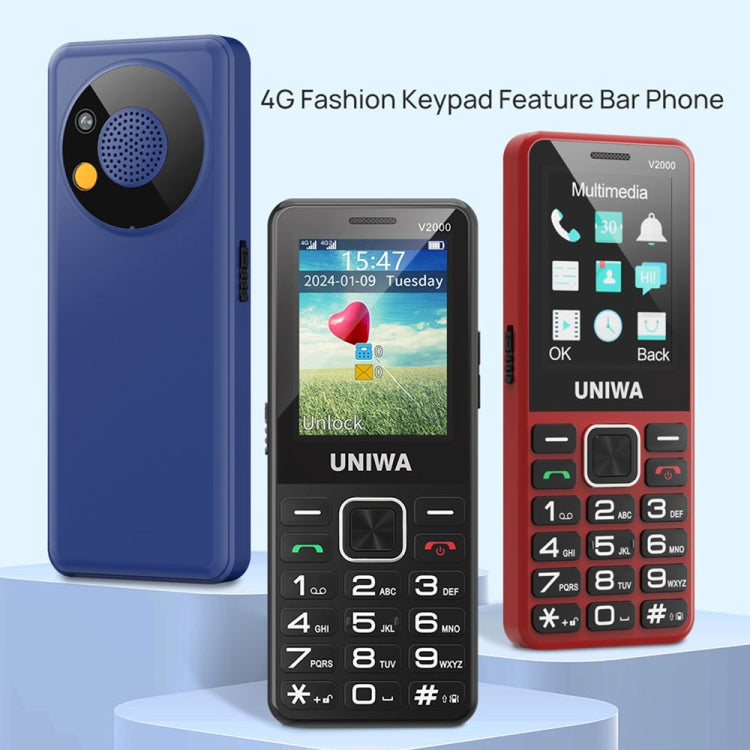 UNIWA V2000 Elder Keypad Phone, 2.4 inch Unisoc T107, 1700mAh Battery, LED Flashlight, SOS, Network: 4G, US Plug (Blue)