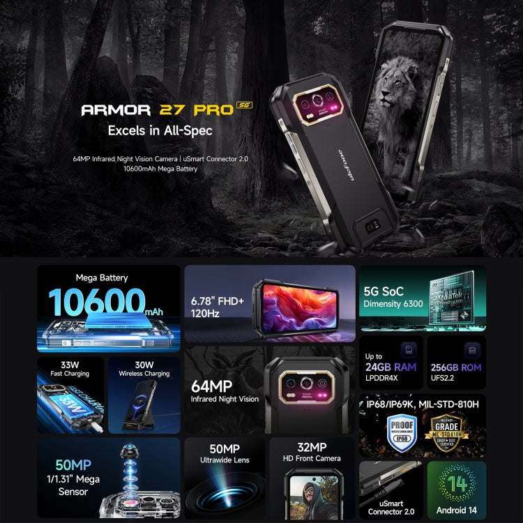 [HK Warehouse] Ulefone Armor 27 Pro Rugged Phone, 12GB+256GB, Night Vision, 10600mAh, 6.78 inch Android 14 MediaTek Dimensity 6300 Octa Core, Network: 5G, NFC (Black)