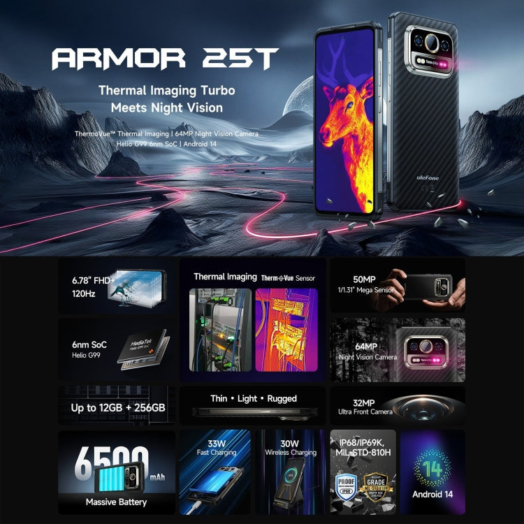 [HK Warehouse] Ulefone Armor 25T Rugged Phone, 6GB+256GB, Thermal Imaging, 6.78 inch Android 14 MediaTek Helio G99 Octa Core, Network: 4G, NFC, OTG (Black)