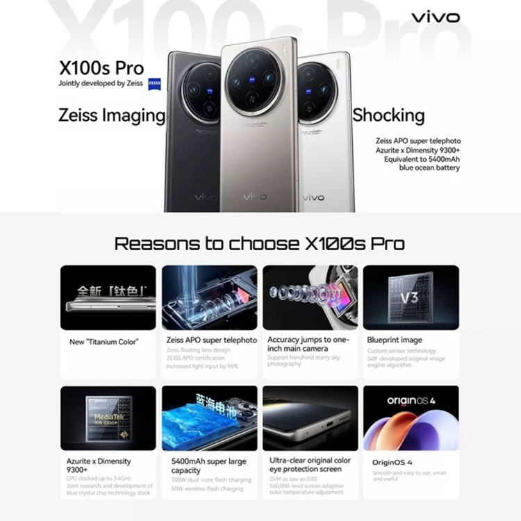 vivo X100s Pro, Triple Back Cameras, 12GB+256GB, Face ID / Fingerprint Identification, 6.78 inch Android 14 OriginOS 4 Dimensity 9300+ Octa Core, OTG, NFC, Network: 5G, Support Google Play (White)