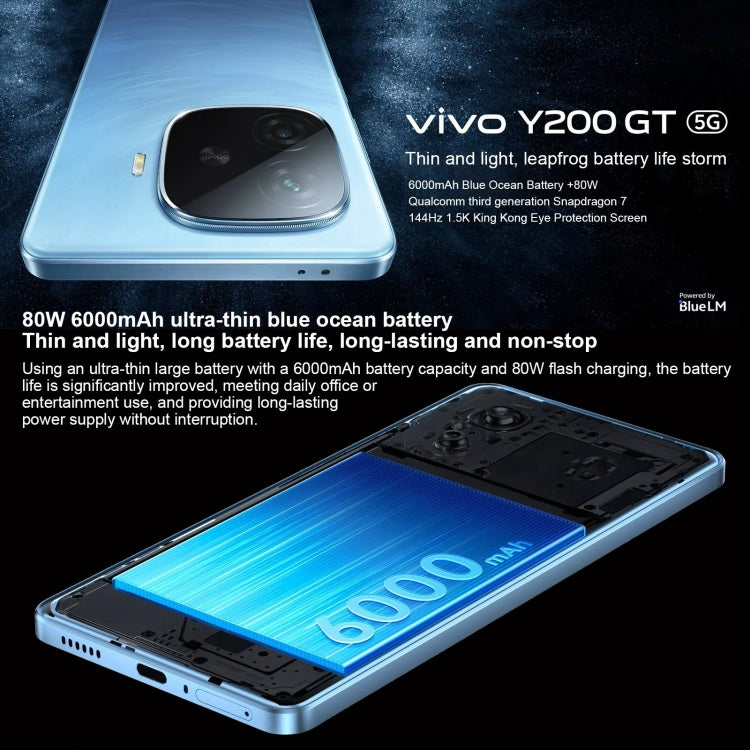 vivo Y200 GT, Dual Back Cameras, 12GB+512GB, Face ID Screen Fingerprint Identification, 6.78 inch Android 14.0 OriginOS 4 Snapdragon 7 Gen 3 Octa Core 2.63GHz, OTG, NFC, Network: 5G, Support Google Play (Black)