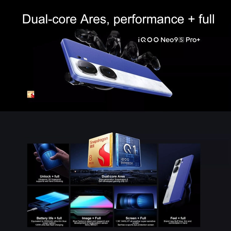 vivo iQOO Neo9S Pro+,  12GB+512GB, Face ID & Ultrasonic 3D Fingerprint Identification, 6.78 inch Android 14 OriginOS 4 Snapdragon 8 Gen 3 Octa Core 2.63GHz, OTG, NFC, Network: 5G, Support Google Play (Blue)