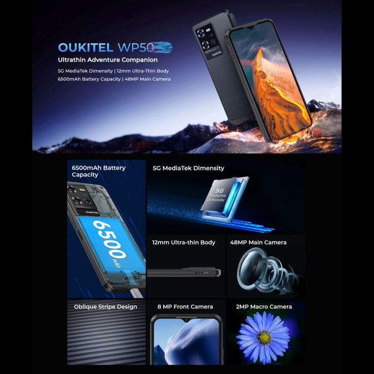 [HK Warehouse] Oukitel WP50 5G Rugged Phone, 4GB+256GB, 6.6 inch Android 14.0 MediaTek Dimensity 6100+ Octa-core, NFC, OTG, Network: 5G (Navy Blue)
