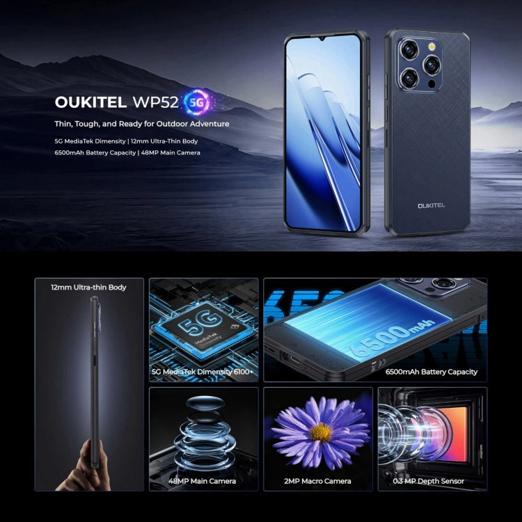 [HK Warehouse] Oukitel WP52 5G Rugged Phone, 4GB+256GB, 6.6 inch Android 14.0 MediaTek Dimensity 6100+ Octa-core, NFC, OTG, Network: 5G (Black)
