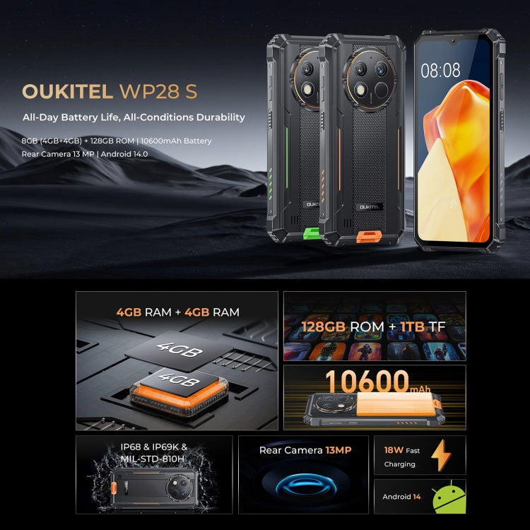 [HK Warehouse] Oukitel WP28 S IP68/IP69K Rugged Phone, 4GB+128GB, Fingerprint, 6.52 inch Unisoc T606 Octa-core, NFC, OTG, Network: 4G (Orange)