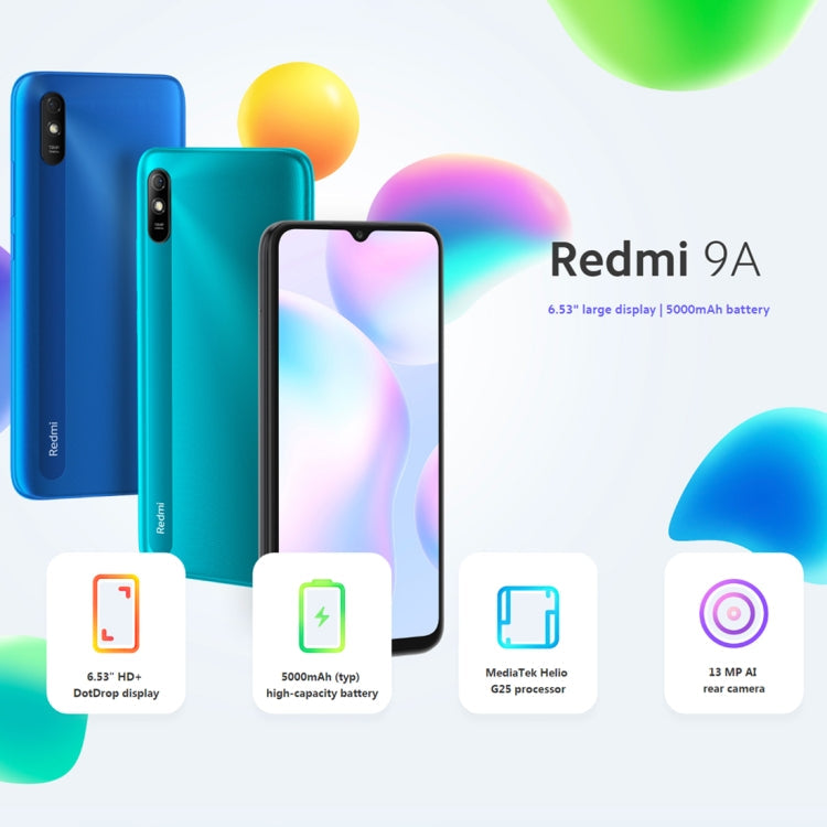 Xiaomi Redmi 9A, 4GB+64GB, 5000mAh Battery, Face Identification, 6.53 inch MIUI 12 MTK Helio G25 Octa Core up to 2.0GHz, Network: 4G, Dual SIM, Support Google Play(Black)
