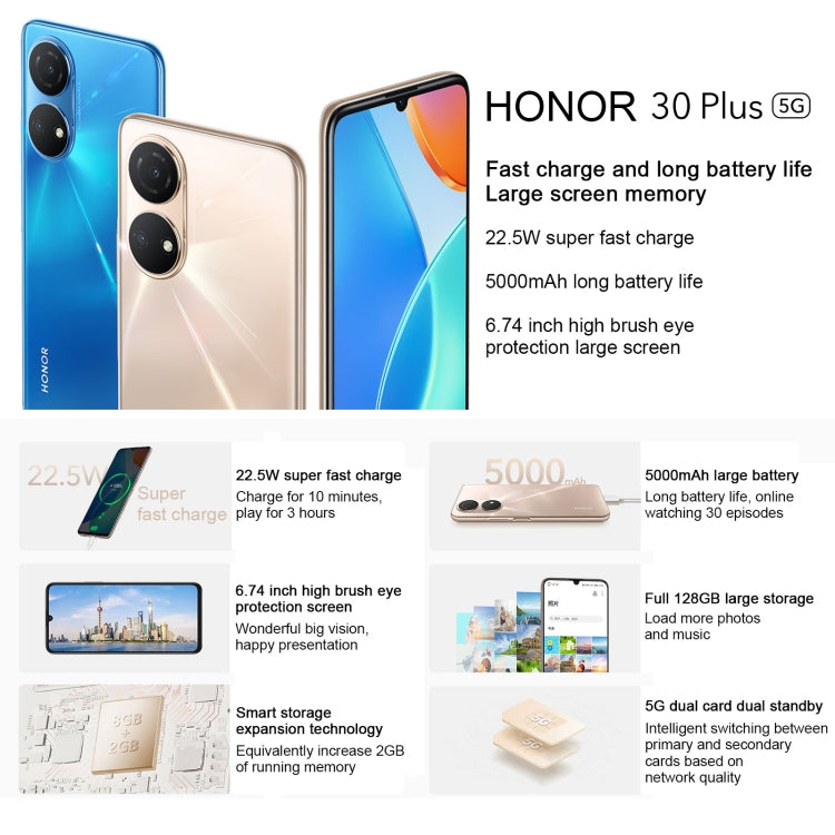Honor Play 30 Plus CMA-AN00 5G, 6GB+128GB, China Version, Dual Back Cameras, Face ID & Side Fingerprint Identification, 6.74 inch Magic UI 5.0 Dimensity 700 Octa Core up to 2.2GHz, Network: 5G, OTG, Not Support Google Play(Black)