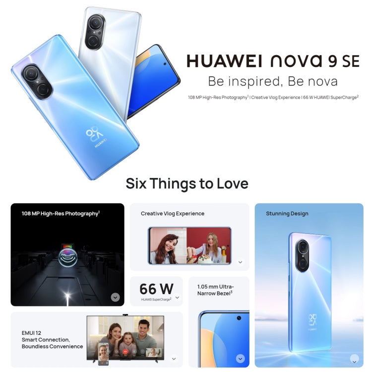 Huawei nova 9 SE 4G JLN-AL00, 108MP Camera, 8GB+256GB, China Version, Quad Back Cameras, Side Fingerprint Identification, 6.78 inch HarmonyOS 2.0.1 Qualcomm Snapdragon 680 Octa Core up to 2.4GHz, Network: 4G, OTG, Not Support Google Play(Blue)