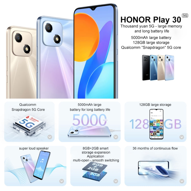 Honor Play 30 5G VNE-AN00, 8GB+128GB, China Version, Face Identification, 5000mAh, 6.5 inch Magic UI 5.0 /Android 11 Qualcomm Snapdragon 480 Plus Octa Core up to 2.2GHz, Network: 5G, Not Support Google Play(Blue)