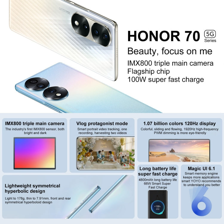 Honor 70 5G FNE-AN00, 54MP Cameras, 12GB+512GB, China Version, Triple Back Cameras, Screen Fingerprint Identification,  6.67 inch Magic UI 6.1 Qualcomm Snapdragon 778G Plus Octa Core up to 2.5GHz, Network: 5G, OTG, NFC, Not Support Google Play(Silver)