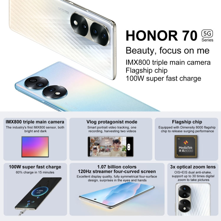 Honor 70 Pro 5G SDY-AN00, 54MP Cameras, 8GB+256GB, China Version, Triple Back Cameras, Screen Fingerprint Identification, 6.78 inch Magic UI 6.1 Dimensity 8000 Octa Core up to 2.75GHz, Network: 5G, OTG, NFC, Not Support Google Play(Jet Black)