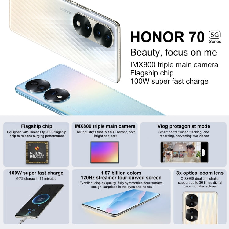 Honor 70 Pro+ 5G HPB-AN00, 54MP Cameras, 8GB+256GB, China Version, Triple Back Cameras, Screen Fingerprint Identification, 6.78 inch Magic UI 6.1 Dimensity 9000 Octa Core up to 3.05GHz, Network: 5G, OTG, NFC, Not Support Google Play(Green)