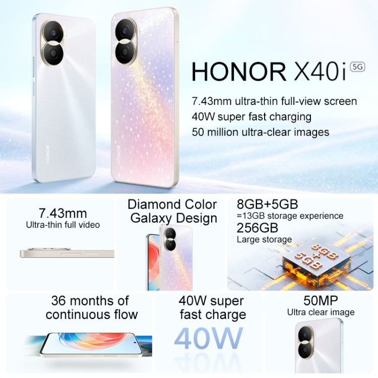 Honor X40i 5G DIO-AN00, 50MP Cameras, 8GB+128GB, China Version, Dual Back Cameras, Side Fingerprint Identification, 4000mAh Battery, 6.7 inch Magic UI 6.1 / Android 12 Dimensity 700 Octa Core up to 2.2GHz, Network: 5G, OTG, Not Support Google Play(Aurora)