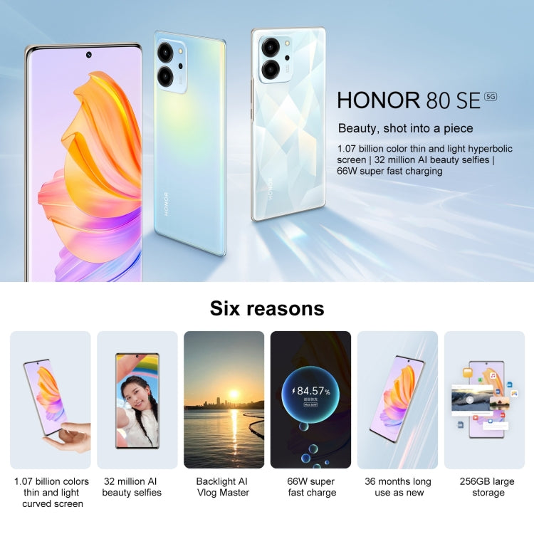 Honor 80 SE 5G GIA-AN80, 64MP Cameras, 12GB+256GB, China Version, Triple Back Cameras, Screen Fingerprint Identification, 6.67 inch Magic OS 7.0 Android 12 Dimensity 900 MT6877 Octa Core up to 2.4GHz, Network: 5G, OTG, Not Support Google Play(Baby Blue)