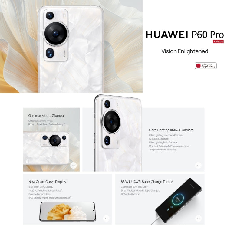 HUAWEI P60 Pro MNA-AL00, 12GB+512GB, 48MP Camera, China Version, Triple Back Cameras, In-screen Fingerprint Identification, 6.67 inch HarmonyOS 3.1 Qualcomm Snapdragon 8+ 4G Octa Core up to 3.2GHz, Network: 4G, OTG, NFC, Not Support Google Play(Emerald)
