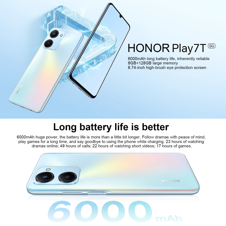 Honor Play7T RKY-AN10, 50MP Camera, 8GB+128GB, China Version, Dual Back Cameras, Side Fingerprint Identification, 6000mAh Battery, 6.74inch Magic UI 6.1 / Android 12  Dimensity 6020 Octa Core, Network: 5G, OTG, Not Support Google Play (Blue)