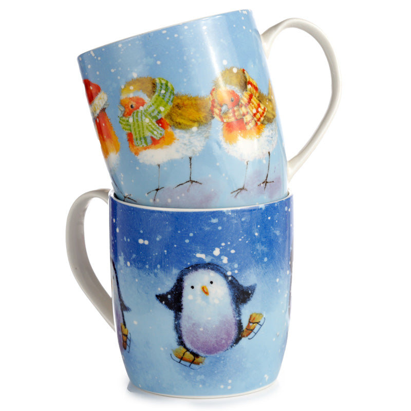 Set of 2 Porcelain Christmas Mugs - Jan Pashley Robin & Skating Penguin