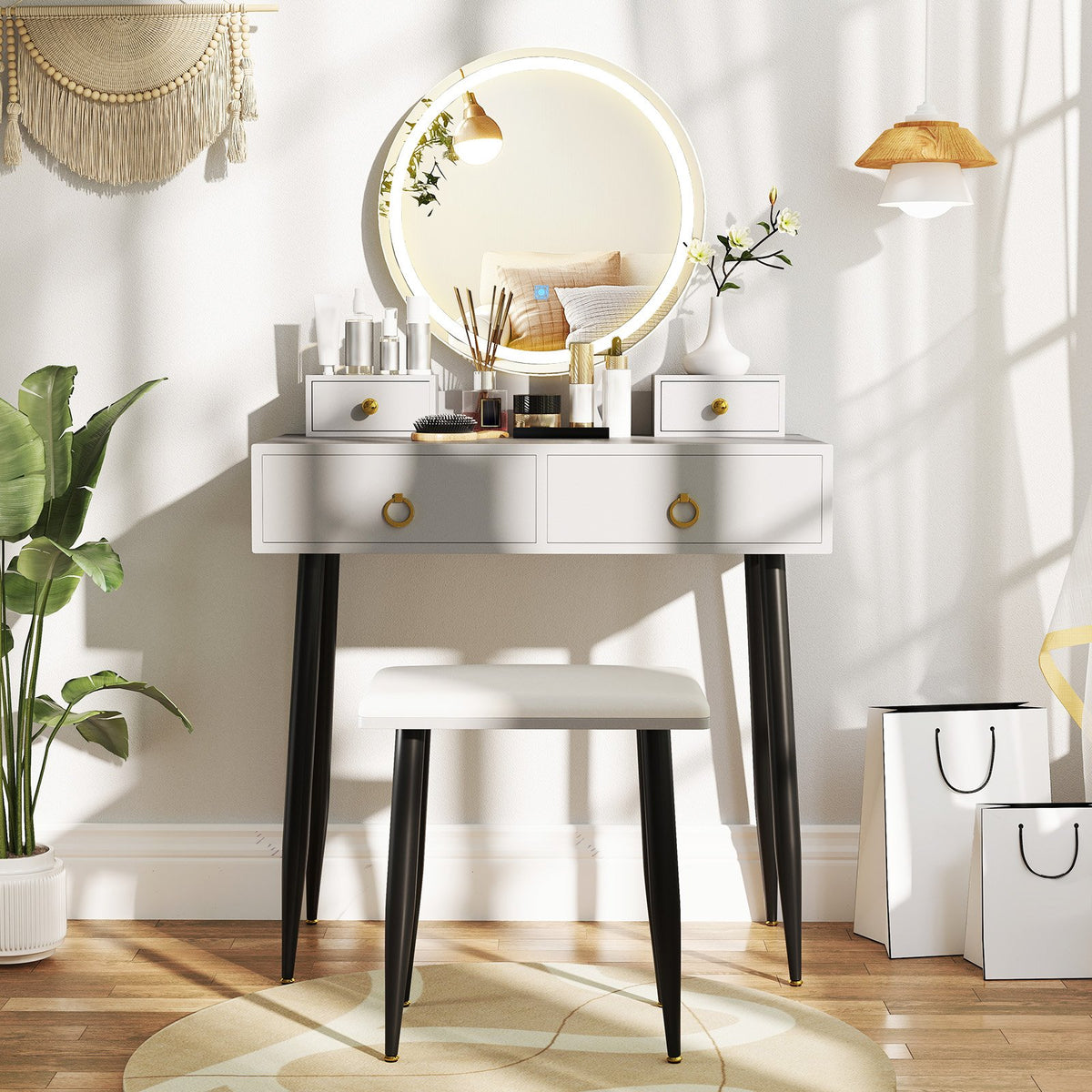 Makeup Vanity Desk with Lighted Mirror for Bedroom-Grey