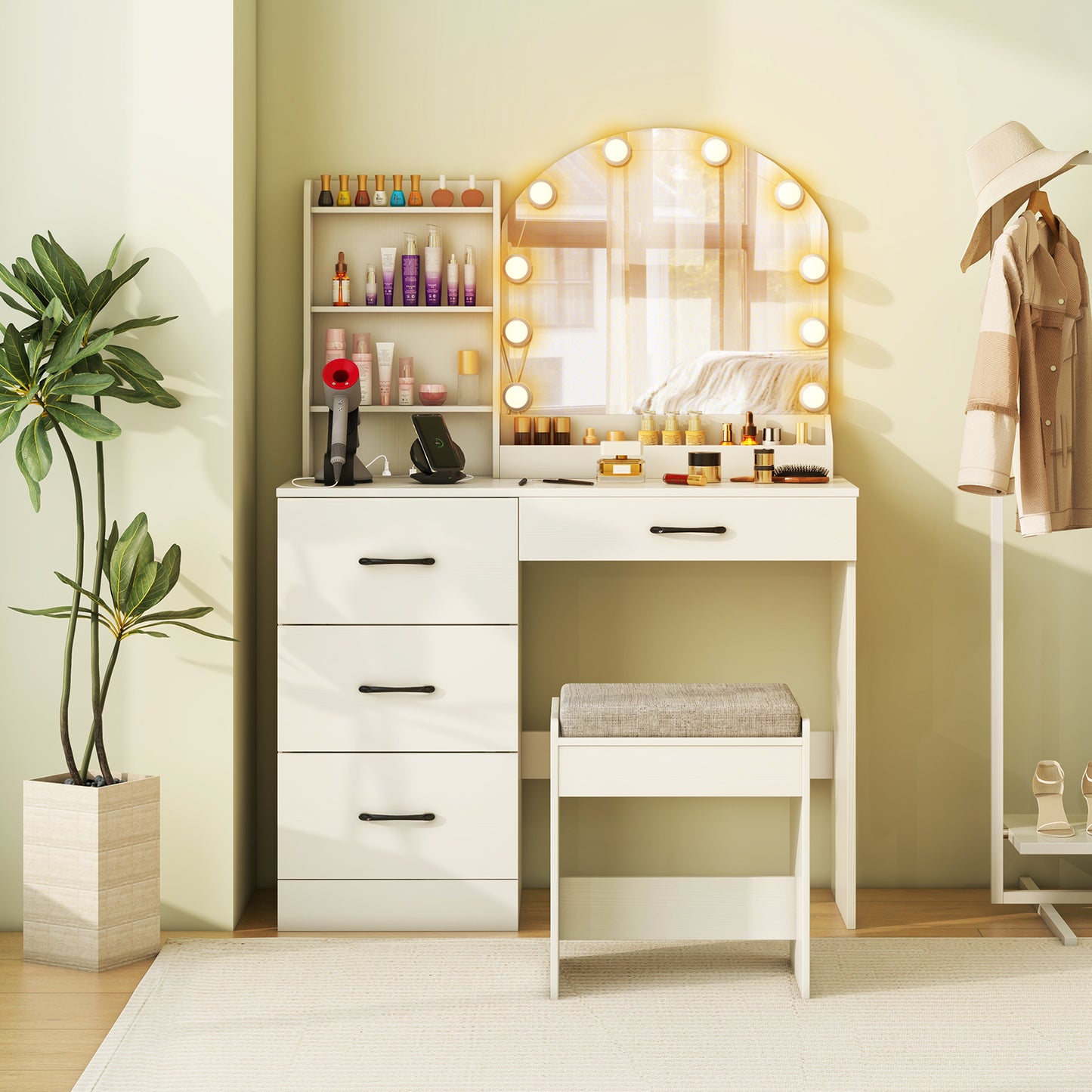 Makeup Vanity Desk with Mirror and Lights Dressing Table and Stool Set-Black