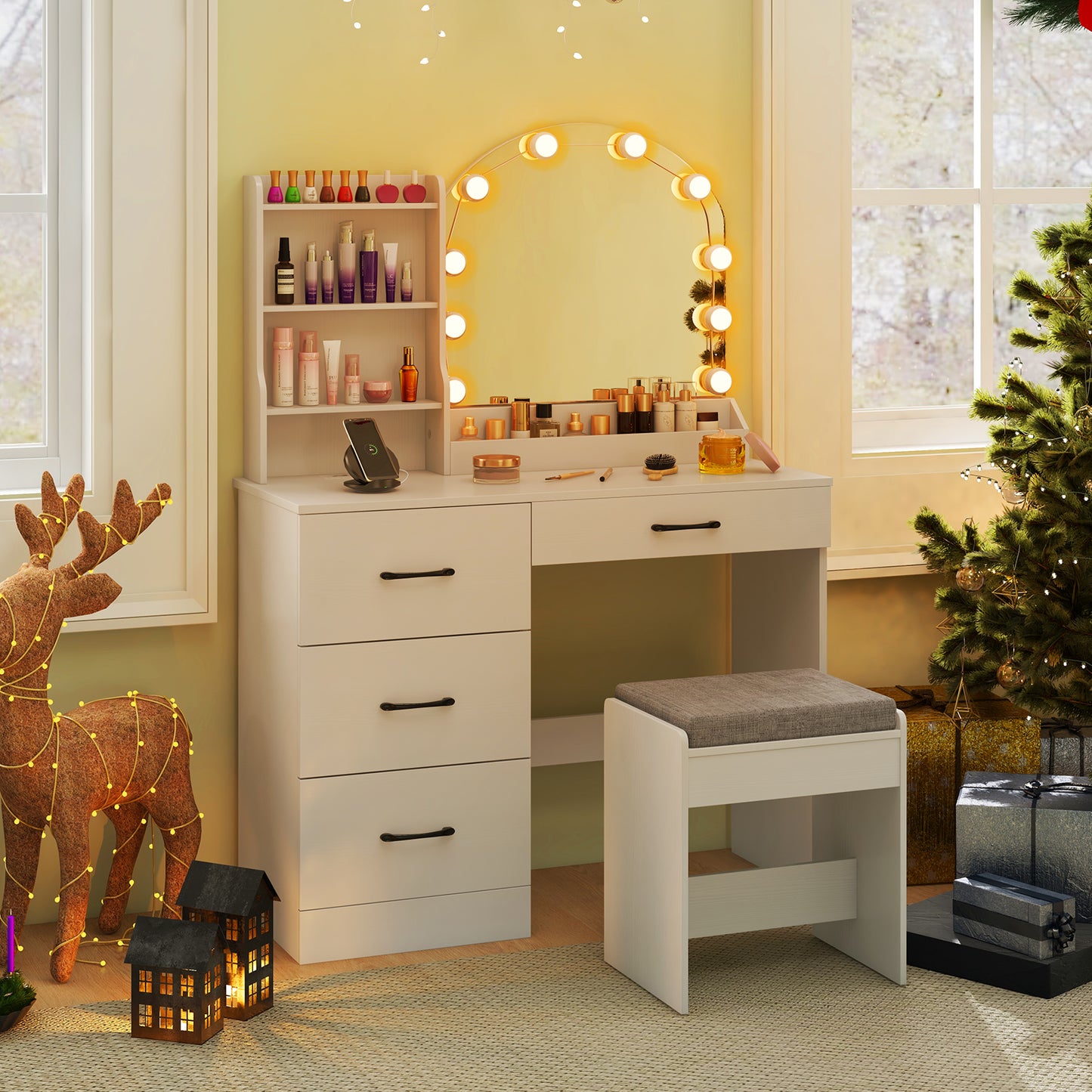 Makeup Vanity Desk with Mirror and Lights Dressing Table and Stool Set-Black