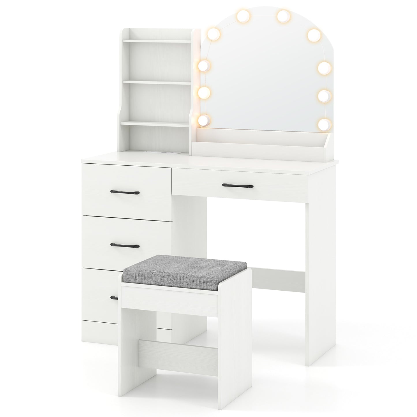Makeup Vanity Desk with Mirror and Lights Dressing Table and Stool Set-Black