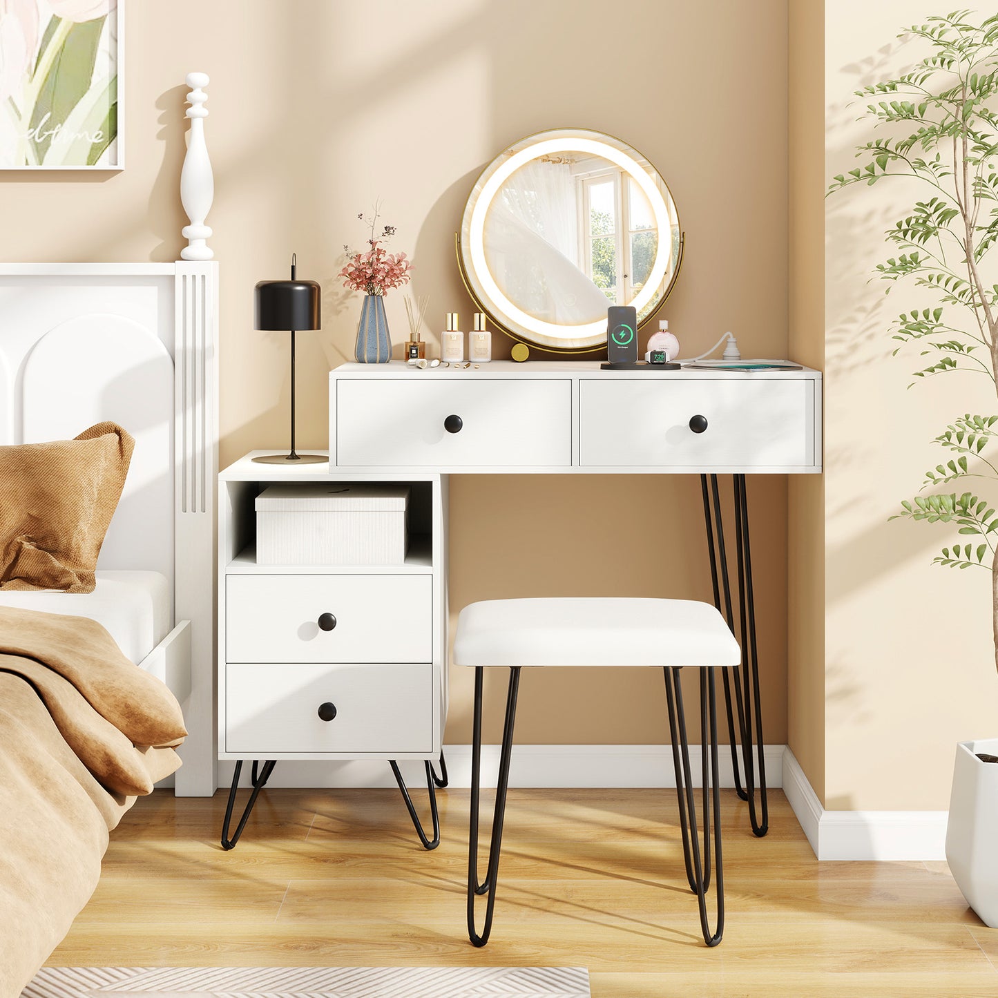 Makeup Vanity Desk with Rotatable Mirror and 4 Pull-out Drawers-Rustic Brown