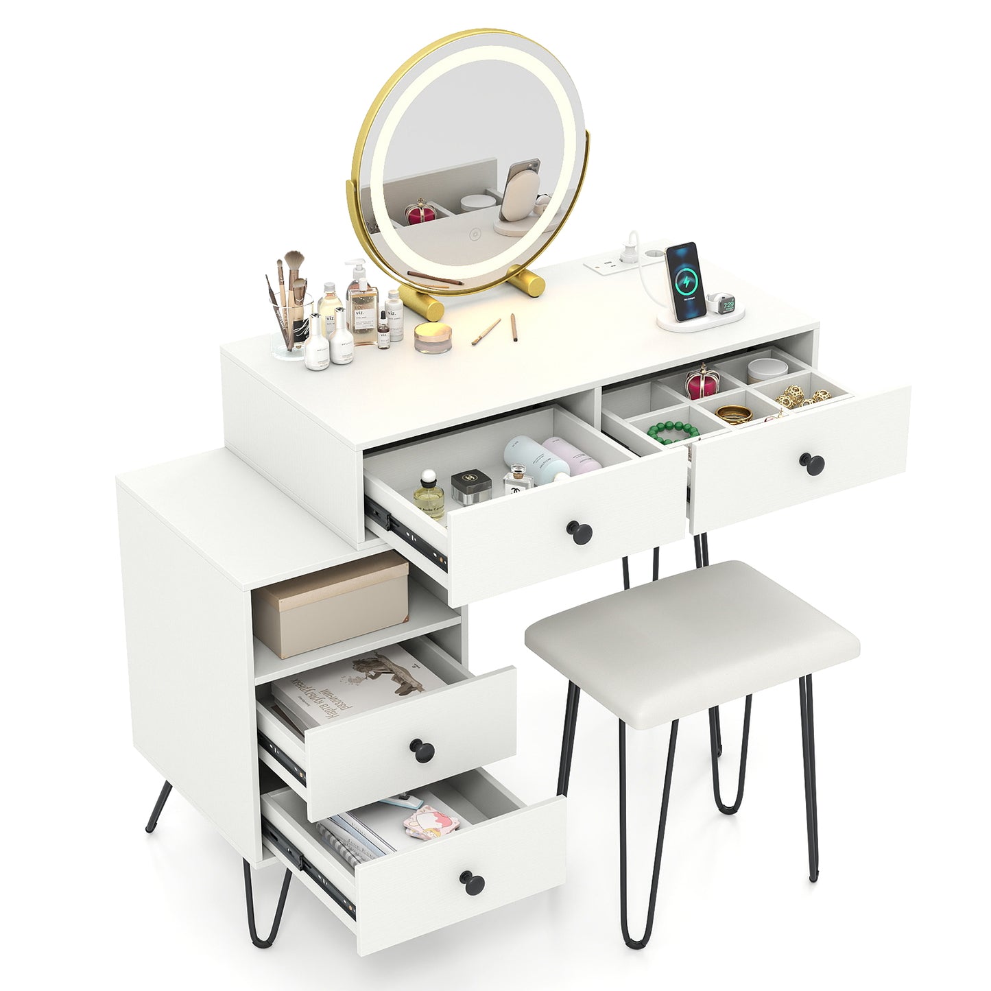 Makeup Vanity Desk with Rotatable Mirror and 4 Pull-out Drawers-Rustic Brown