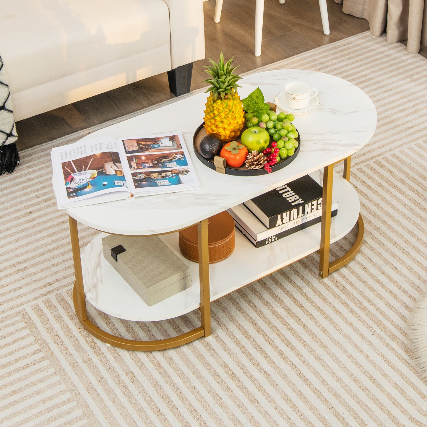 Marble Coffee Table with Open Storage Shelf-Black
