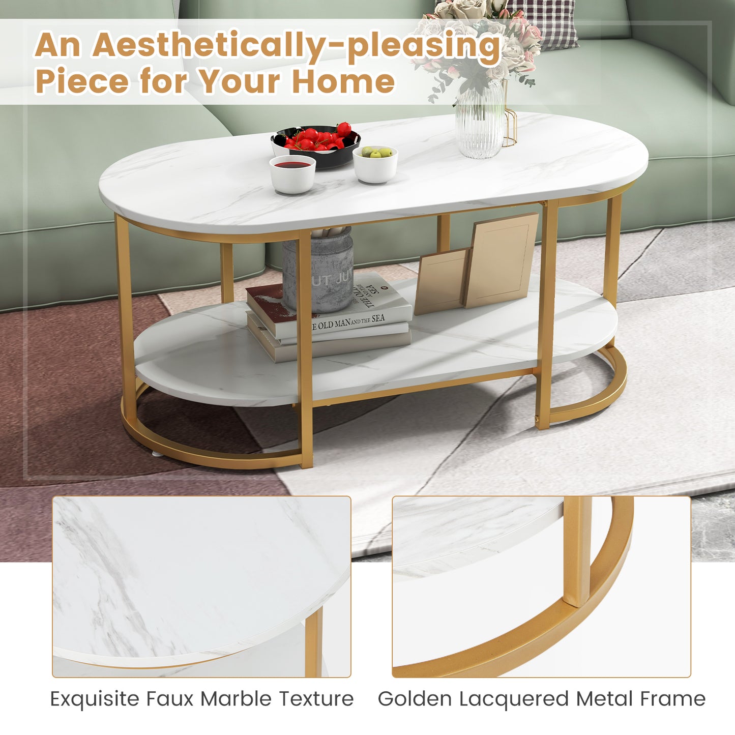 Marble Coffee Table with Open Storage Shelf-Black