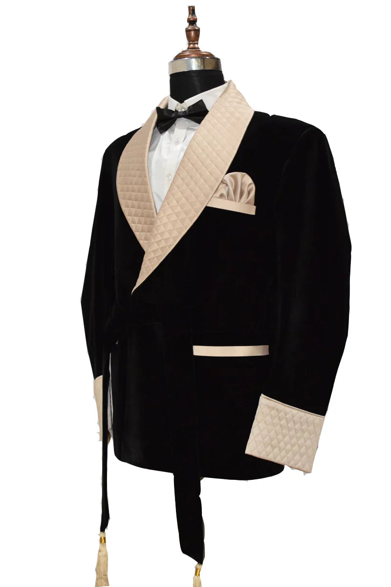 Men's Black Smoking Jackets Luxury Stylish Gold Quilted Blazer