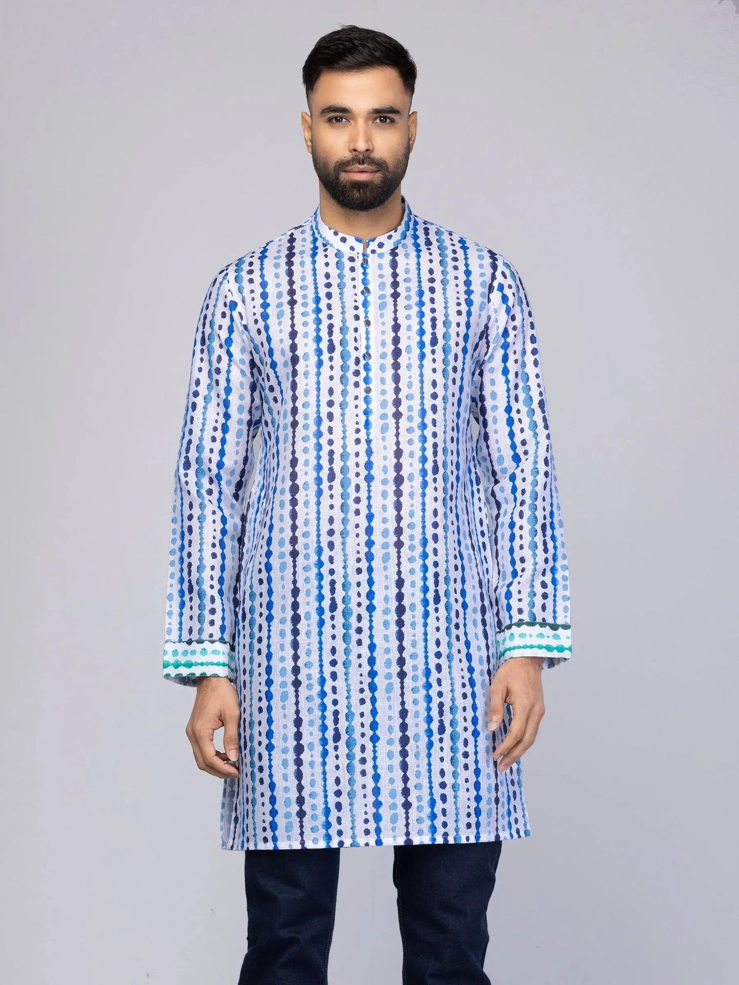 Men's White Printed Mixed Cotton Slim Fit Short Kurta