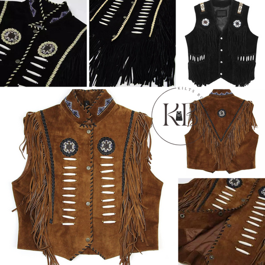 Men's Western Black Suede Leather Cowboy Vest with Native American Beaded Design & Fringe Trim