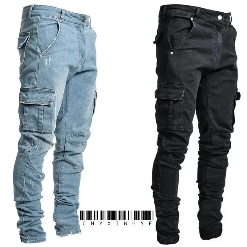 Men's Black Stretch Cargo Jeans – Zipper Pockets, Slim Fit Streetwear