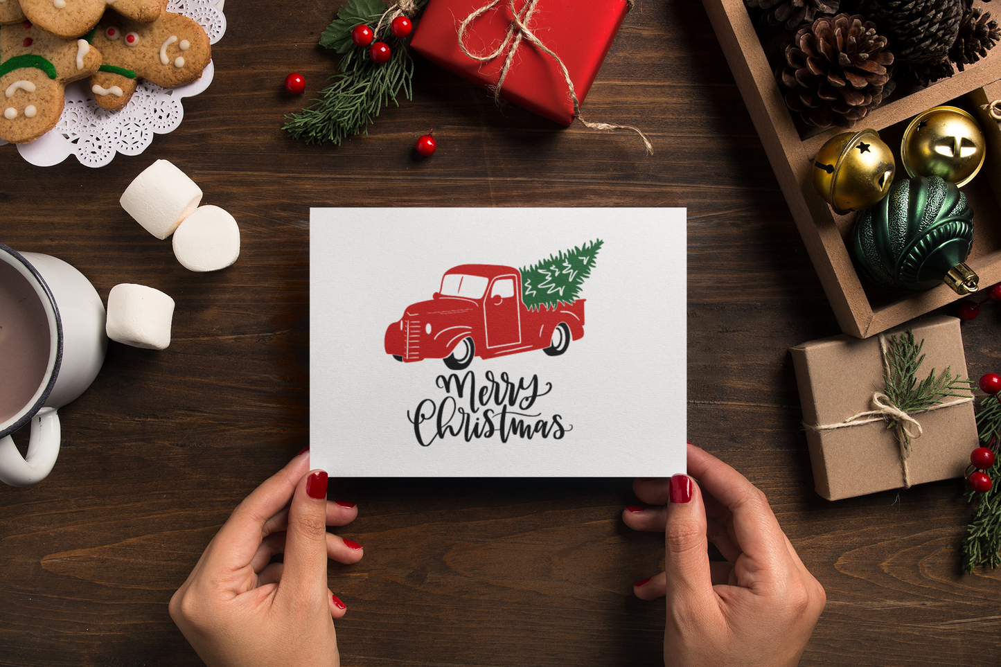 Custom Merry Christmas Tree Red Truck Seasonal Hammered Card & Envelope