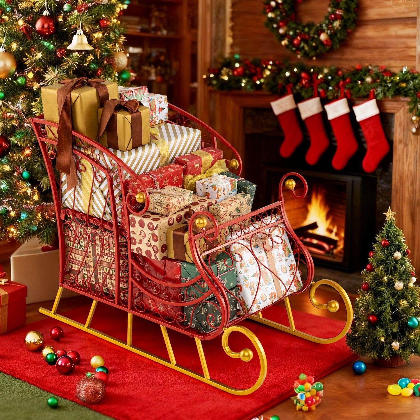 Metal Christmas Santa Sleigh Basket 2-Tier Xmas Santa’s Gift Storage Sleigh
