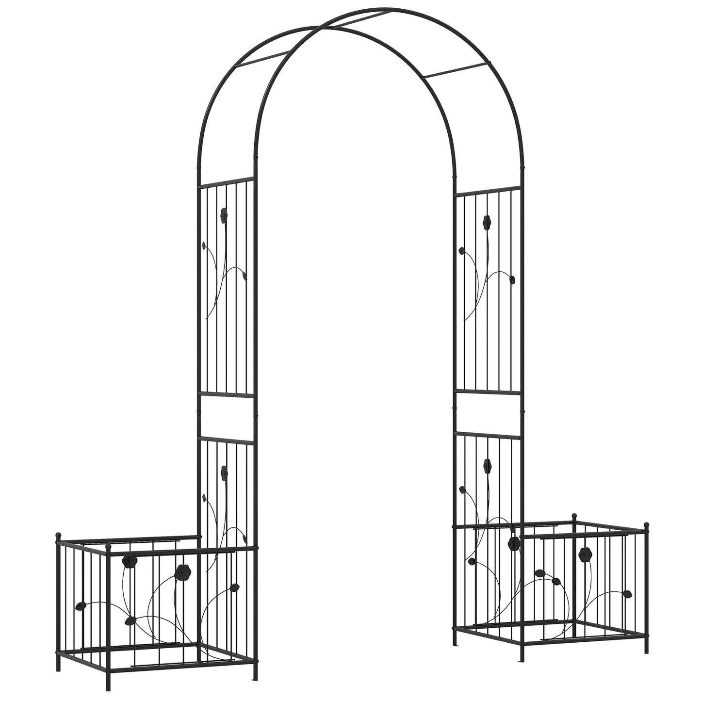 Metal Garden Arbor with Planter Boxes and Ground Stakes for Climbing Plants