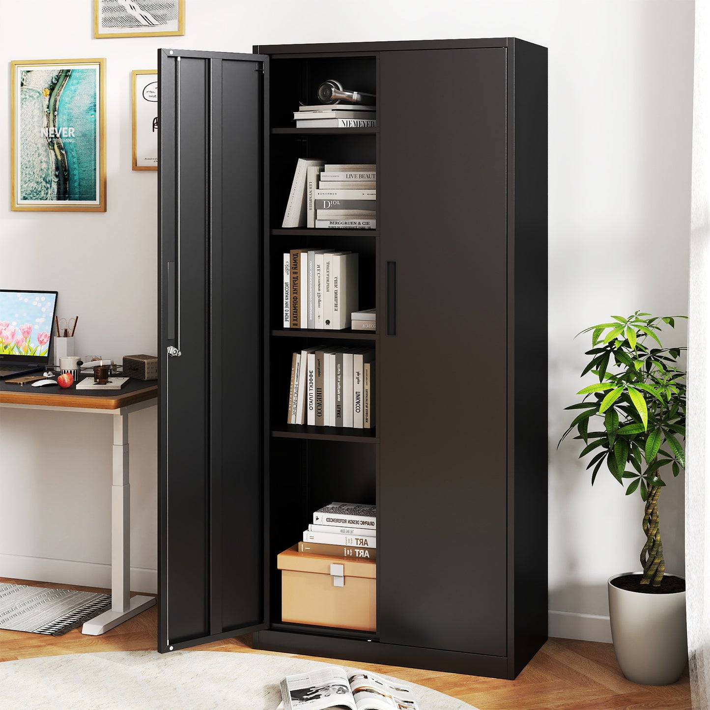 Metal Storage Cabinet with 2 Lockable Doors and 4 Adjustable Shelves-M-Black