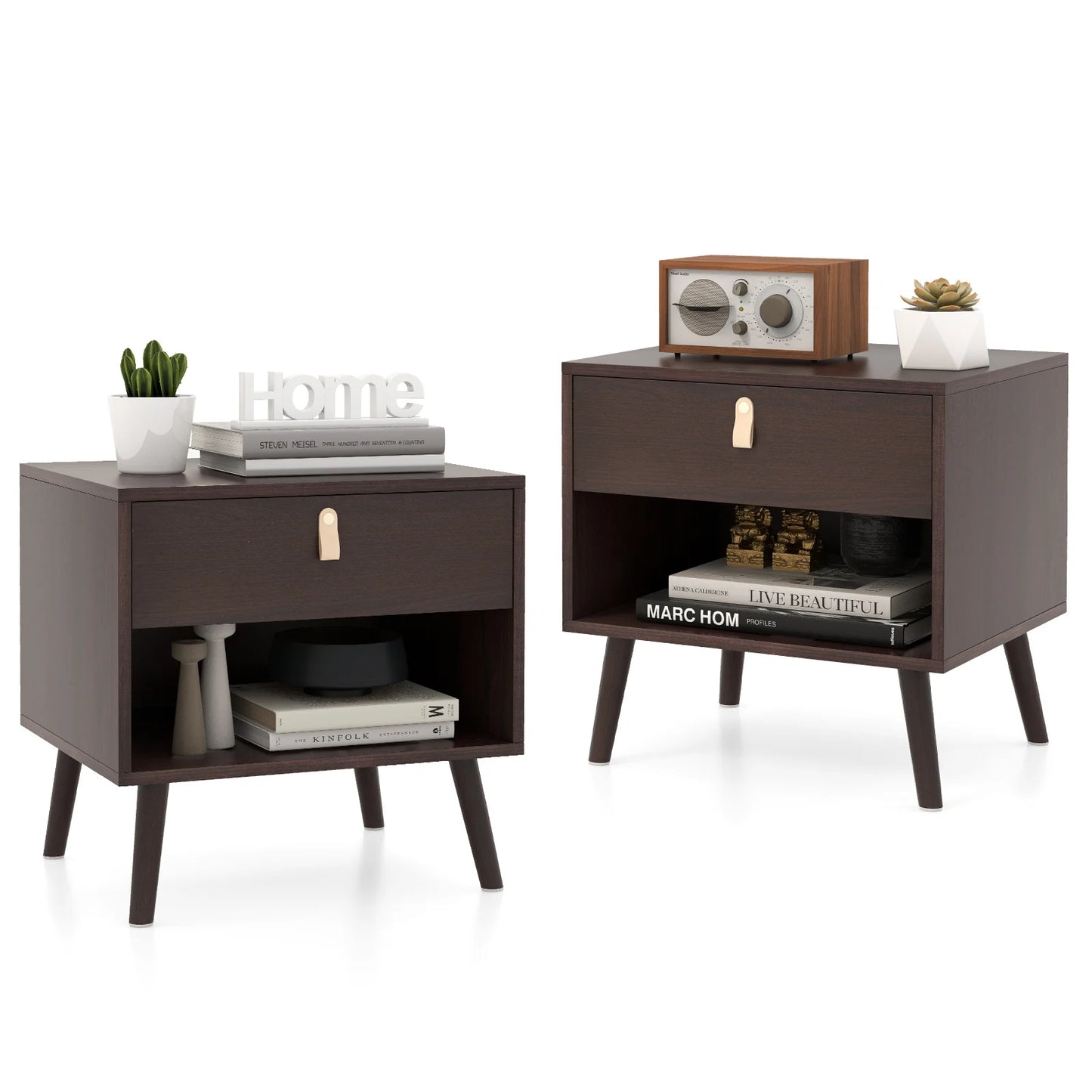 Mid-Century End Table Set fo 2 with Open Storage Shelf-Brown