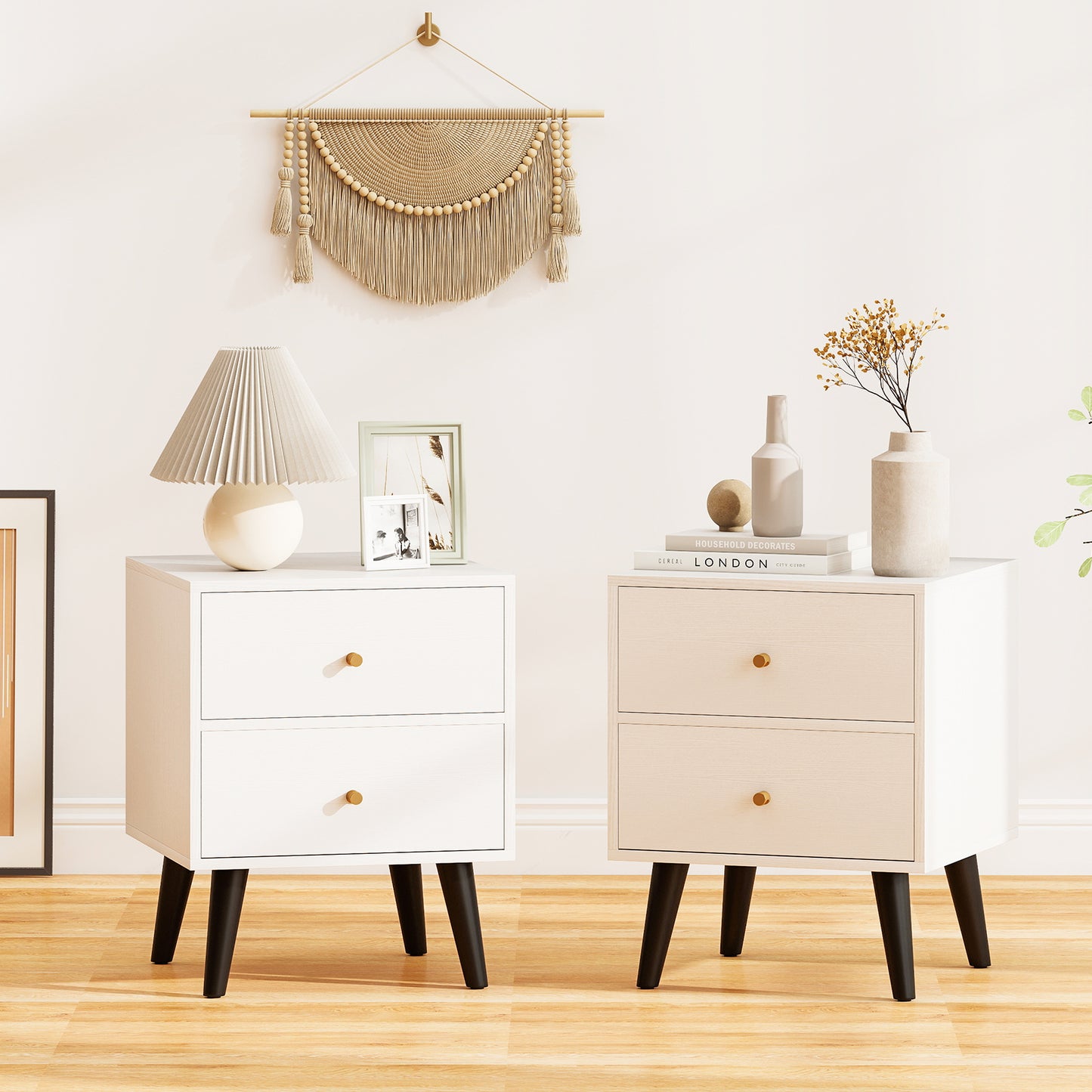 Mid Century Modern Bedside Table with Storage and Raised Support Legs Set of 2-White