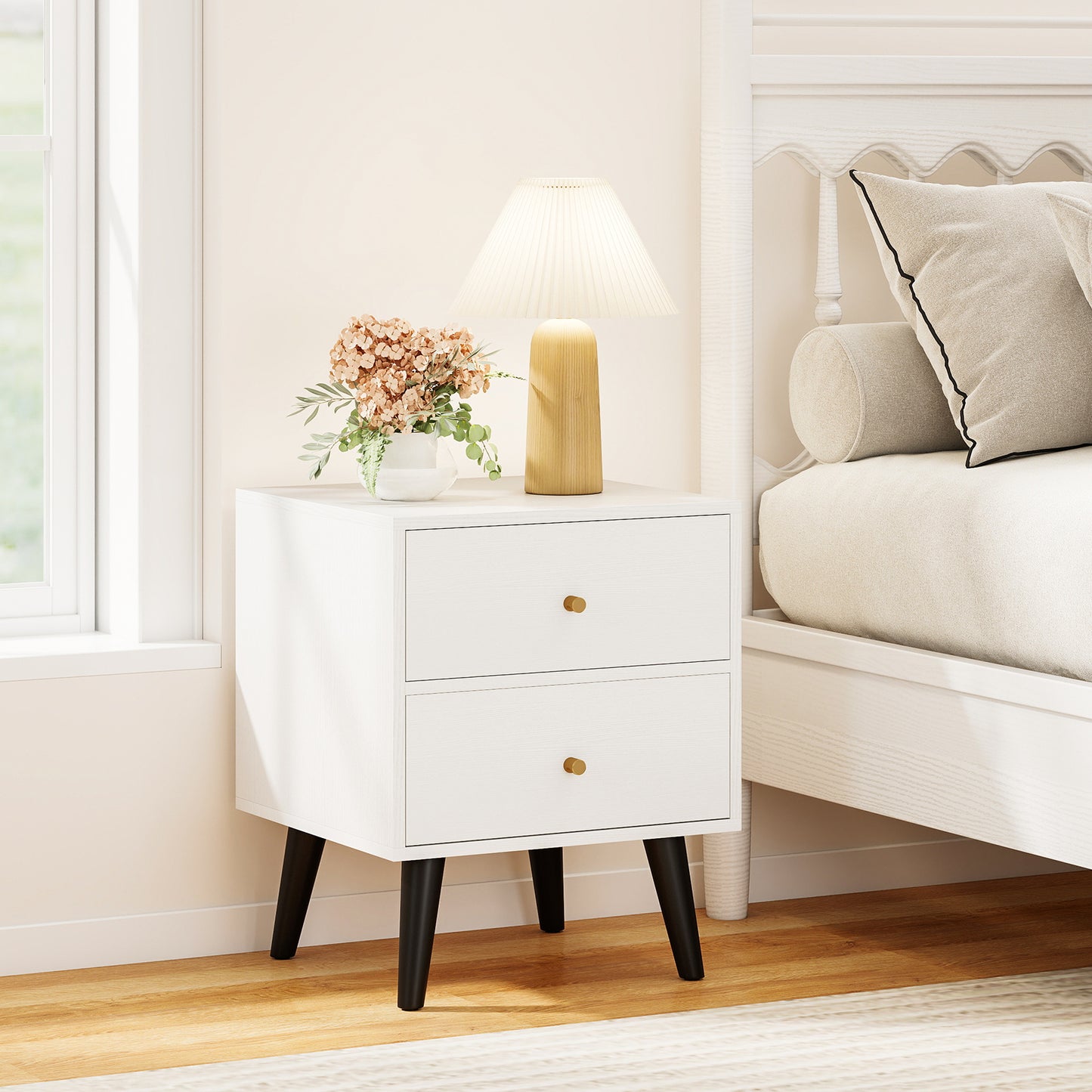 Mid Century Modern Bedside Table with Storage and Raised Support Legs Set of 2-White