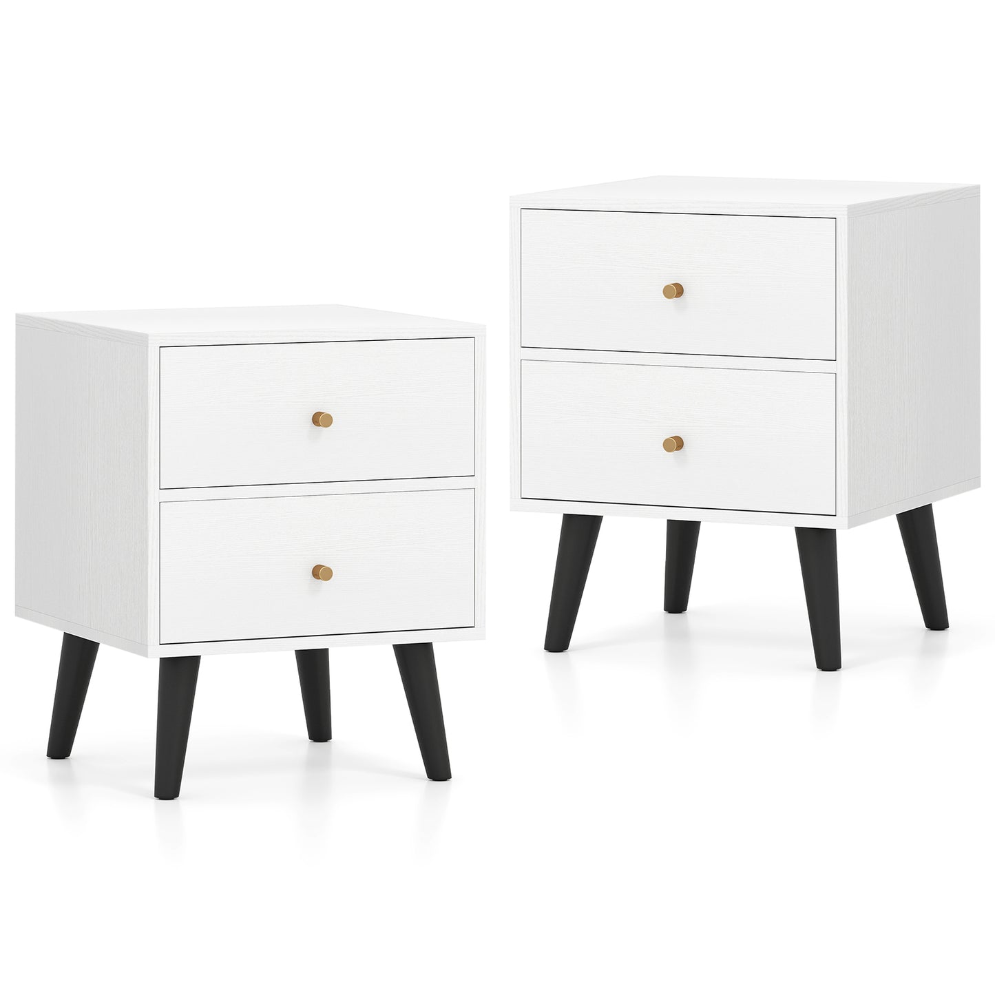 Mid Century Modern Bedside Table with Storage and Raised Support Legs Set of 2-White