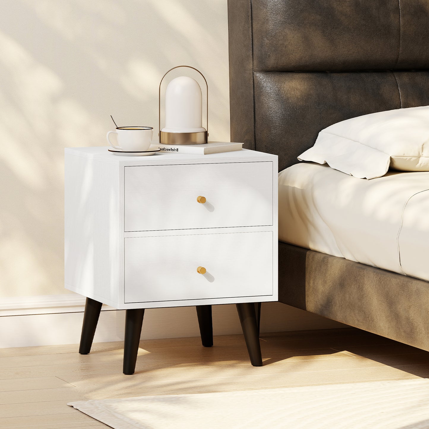 Mid Century Modern Bedside Table with Storage and Raised Support Legs-White