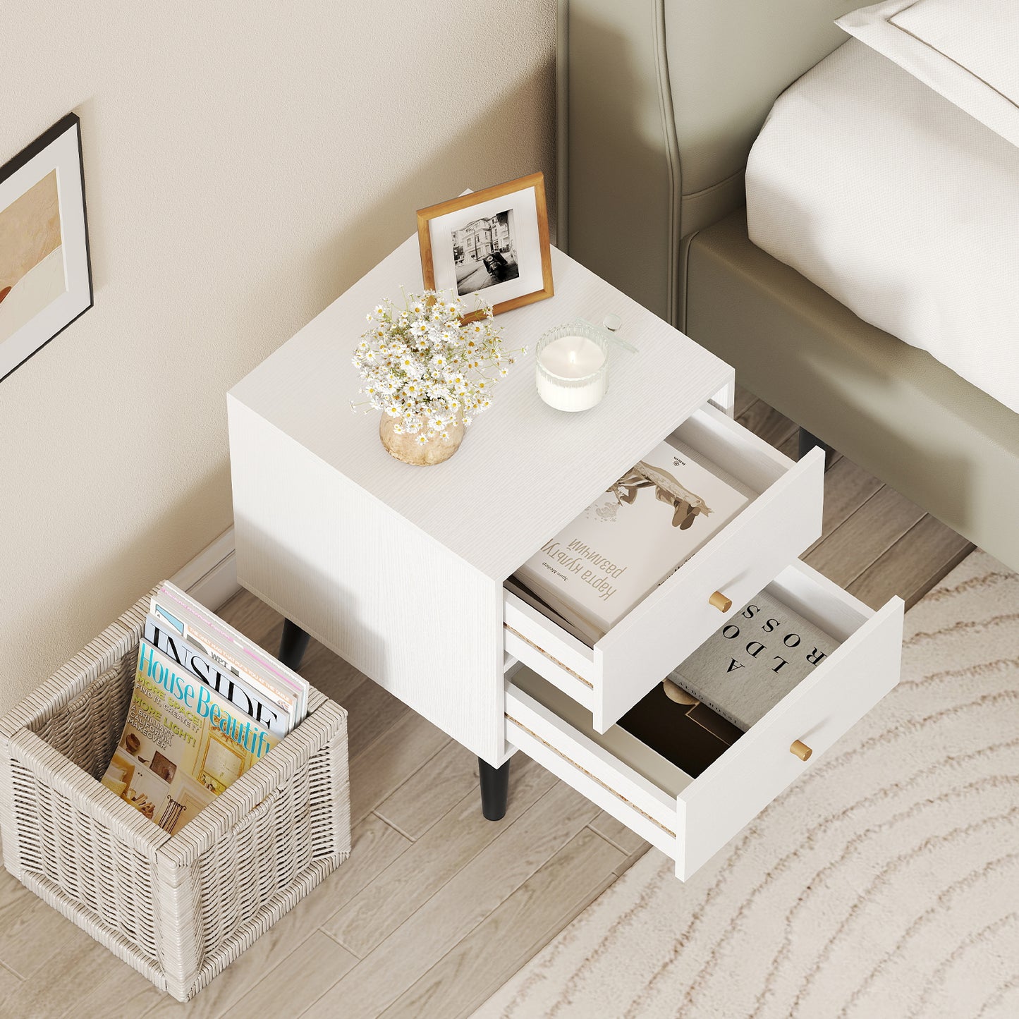 Mid Century Modern Bedside Table with Storage and Raised Support Legs-White