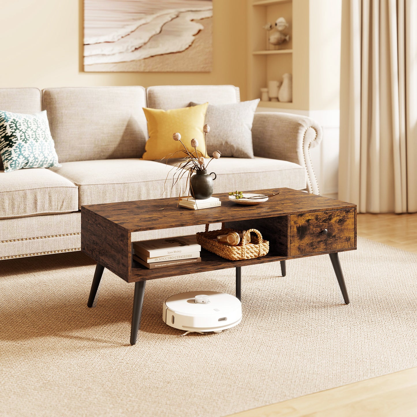 109cm Rectangular Coffee Table with Drawer and Storage Shelf-Black