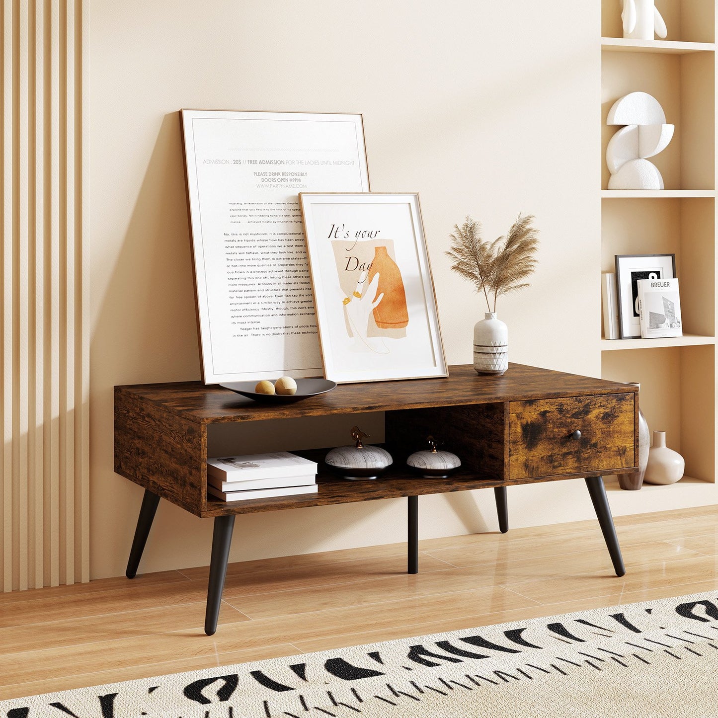 109cm Rectangular Coffee Table with Drawer and Storage Shelf-Black