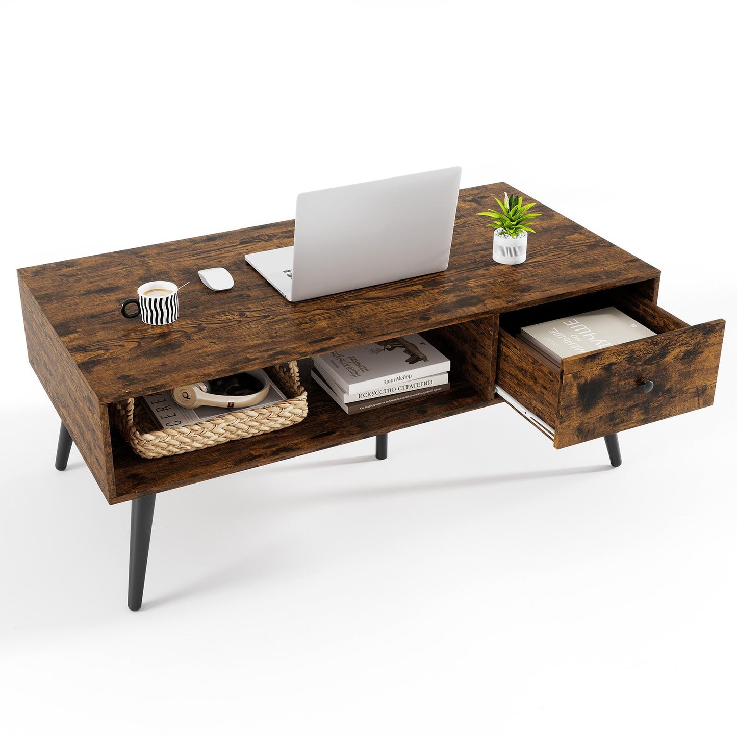 109cm Rectangular Coffee Table with Drawer and Storage Shelf-Black